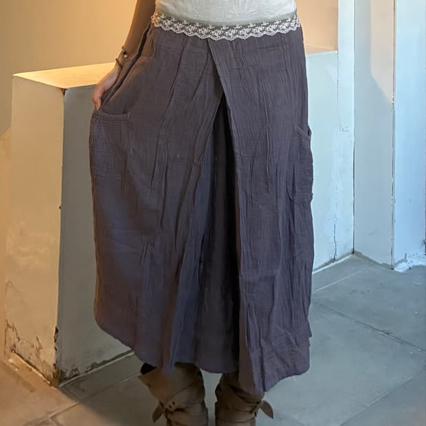 OS) Japangse vintage 여성 레잇 디테일 퍼플 롱스커트
