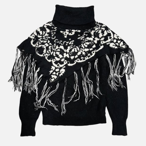 fringe pancho turtle-neck knit