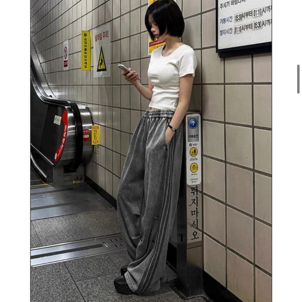 하츠코시 빈티지 워싱 트리플 라인 와이드 팬츠 그레이