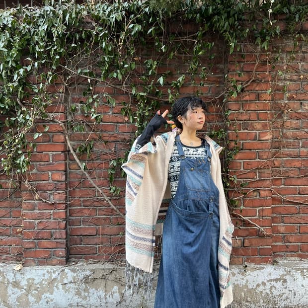 블루 히피패턴 케이프 후드 가디건