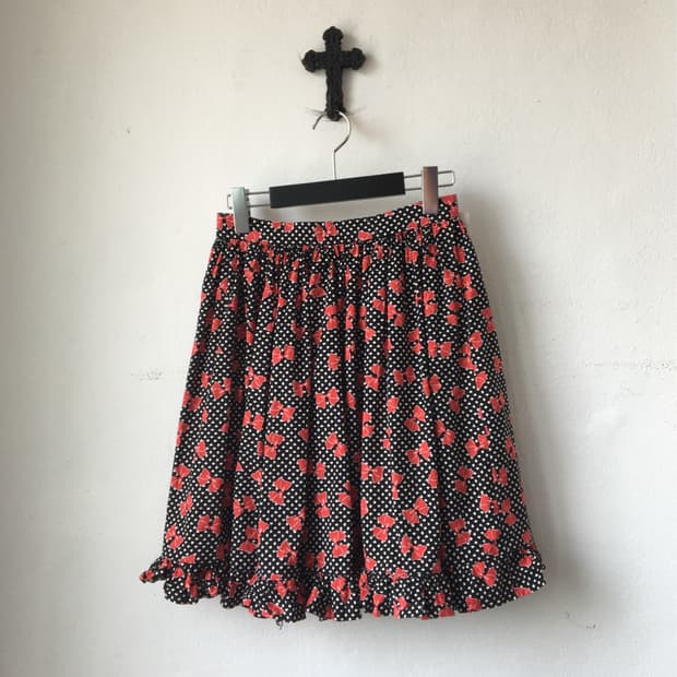 Ribbon dot pattern frill midi skirt