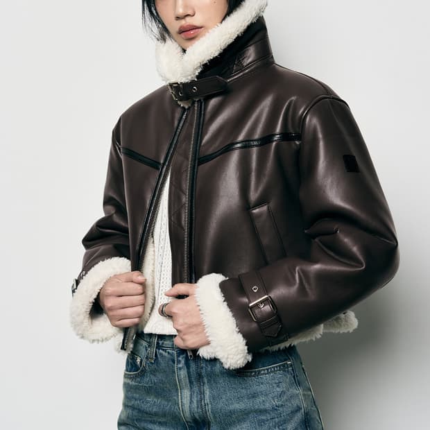 오블리크 오버핏 레더 무스탕 자켓 [BROWN]