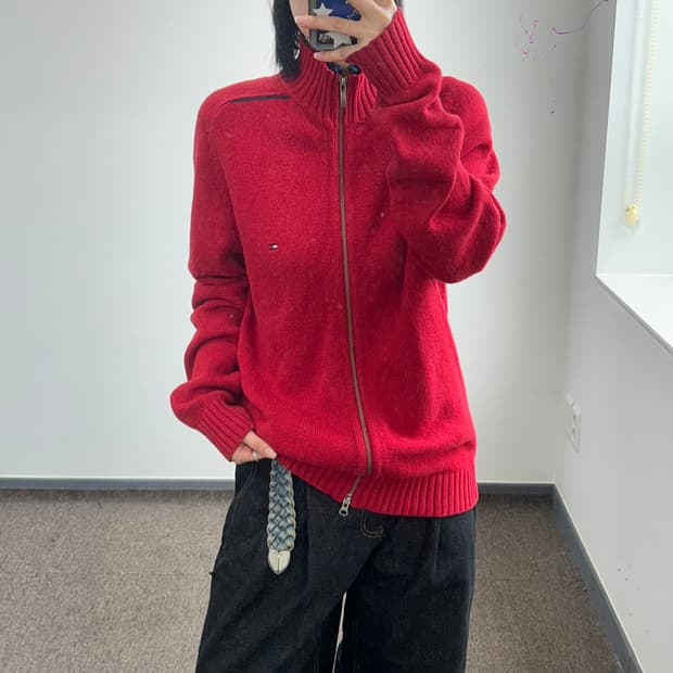 Tommy hilfiger 타미힐피거 2-way 레드 니트 집업