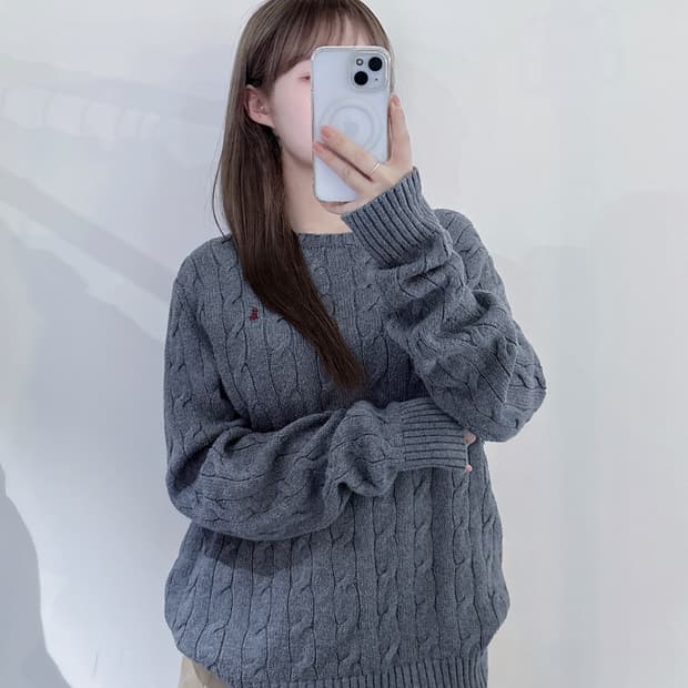 폴로랄프로렌 버건디포니 그레이 케이블 니트