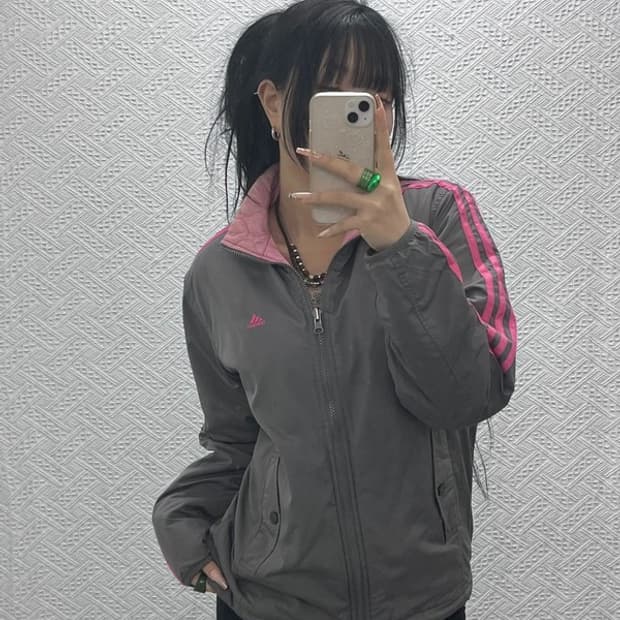 아디다스 올드스쿨 Y2K 그레이핑크 바람막이 퀄팅자켓 95 C08278