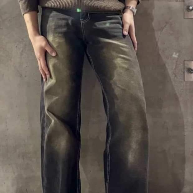 프론트 워싱 와이드 데님 팬츠 (YELLOW BLACK)