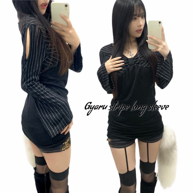 [PICISCASE] 오네갸루 트임 리본 스트라이프 롱슬리브