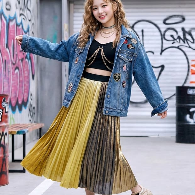 럭키슈에뜨(LUCKY CHOUETTE) 메탈릭 컬러블록 플리츠 스커트