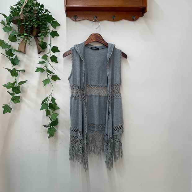 히피 보헤미안 그레이 크로쉐 프린지 후드 베스트