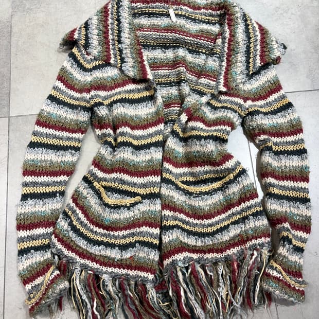 일본 빈티지 히피 무지개떡 테슬 니트 오픈 롱가디건 