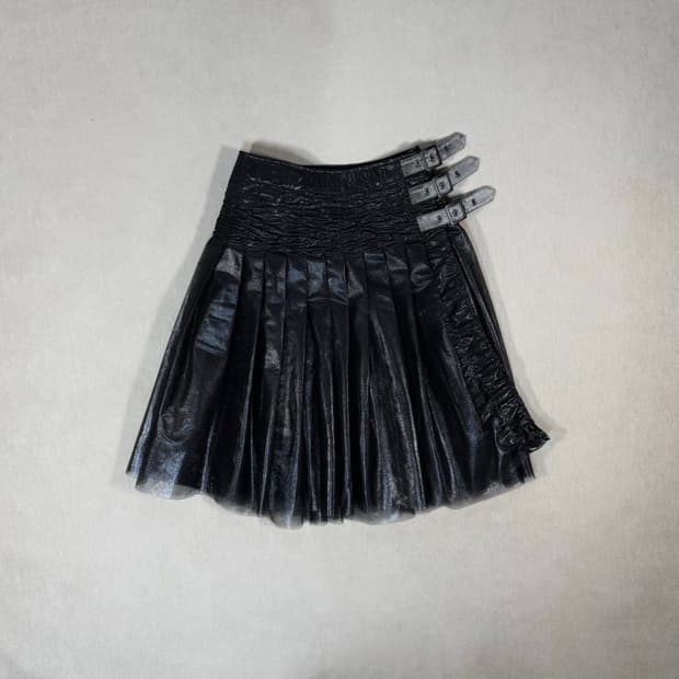 25SS Belted Pleated Black Skirt