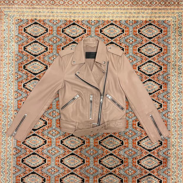 올세인트 핑크베이지 새끼양가죽100 바이커 가죽자켓 US2