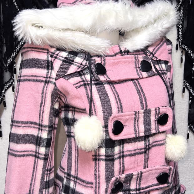 트랄라라 리즈리사 핑크 체크 퍼후드 폼폼 떡볶이코트 로맨틱갸루 로걀 핀터