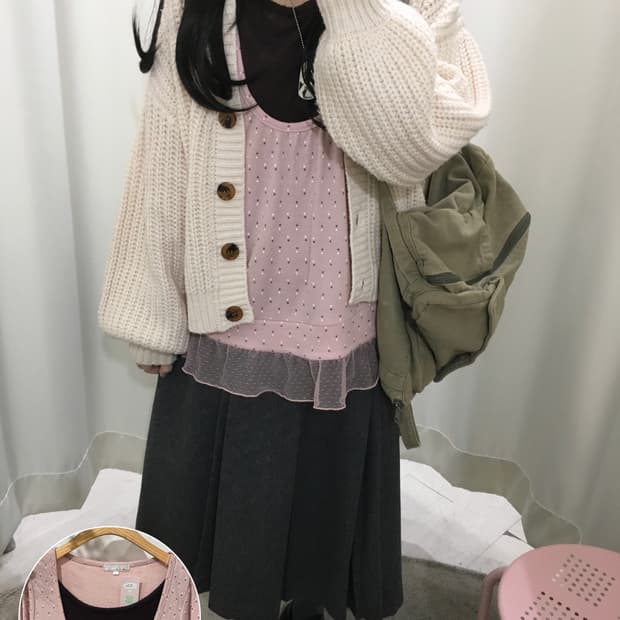 레이어드 패턴 롱슬리브 / 아이보리 버튼 가디건