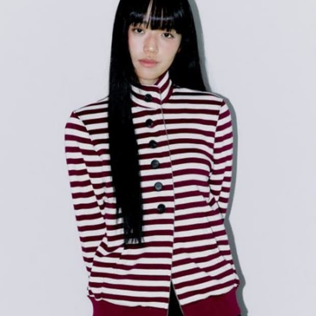 오피쉬 버튼 스트라이프 투웨이 집업 버건디