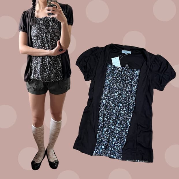 플라워패턴 브라운 퍼프소매 가디건 블라우스