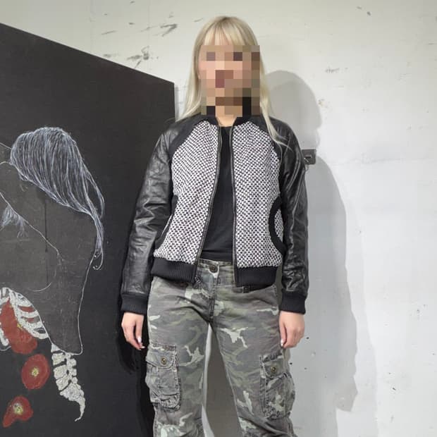 랑방 모노크롬 트위드 레더 가죽자켓 블루종 36