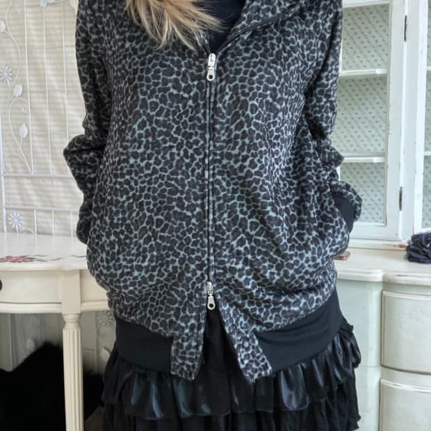 일본빈티지 차콜 레오파드 퍼 후드 집업