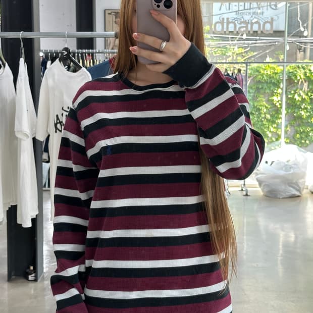 폴로 스트라이프 와플 롱슬리브 버건디