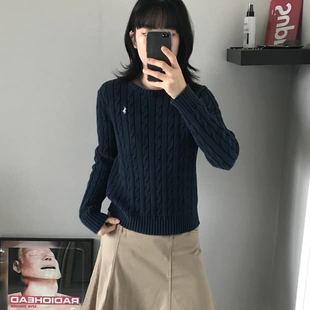 폴로 랄프로렌 포니 로고 네이비 케이블 니트