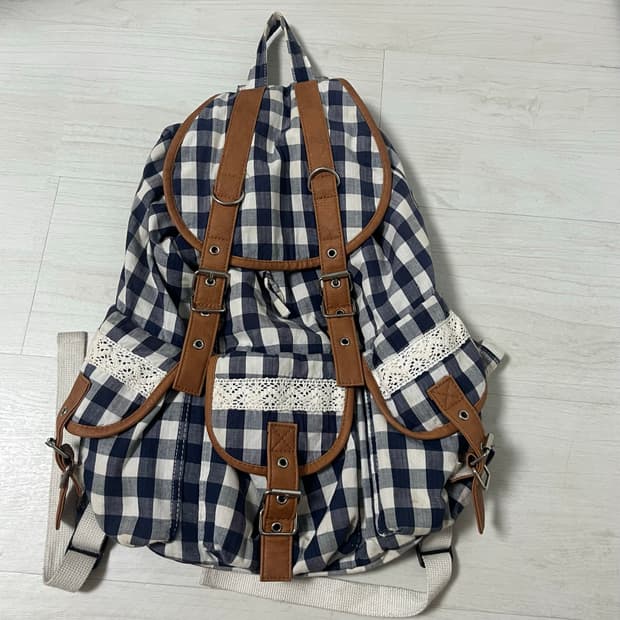 일본빈티지 모리걸 체크 레이스 3포켓 백팩 가방