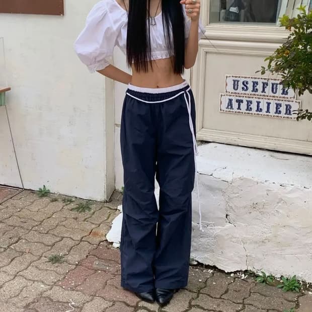 [새상품] 유희 코튼 레이어드 밴딩 와이드 팬츠 네이비