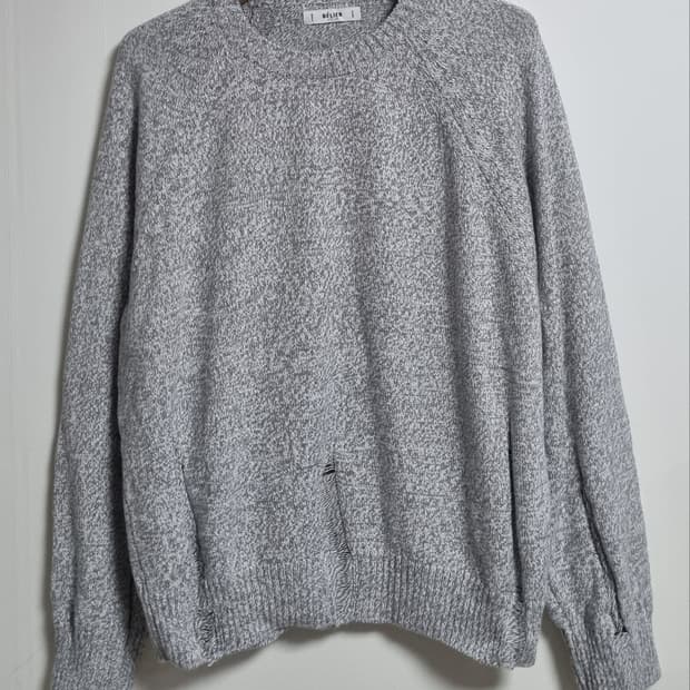 실측 오버핏 L ) 벨리에 라이트그레이 코튼 데미지 니트