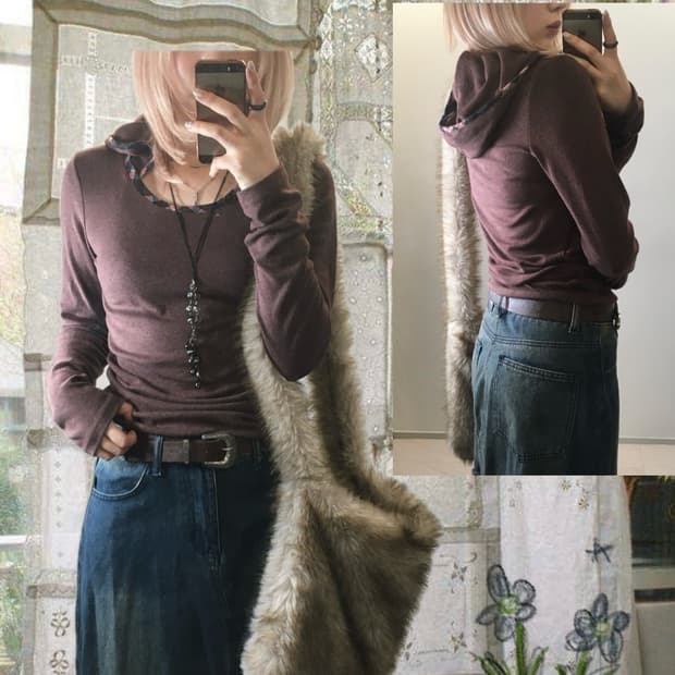 jpn vintage brown check hood long sleeve