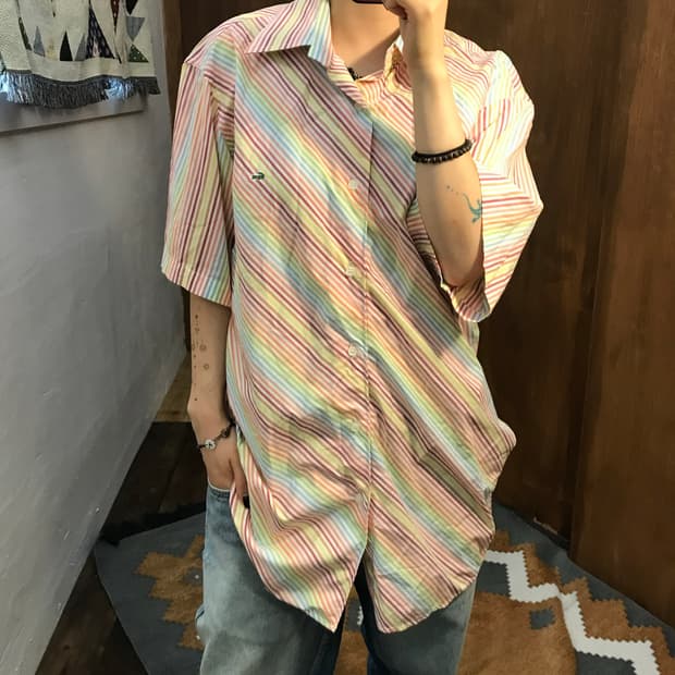 라코스테 멀티컬러 스트라이프 반팔 셔츠 (Z1189)