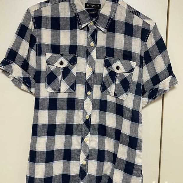 인터메조 체크 린넨 슬림핏 반팔셔츠 95