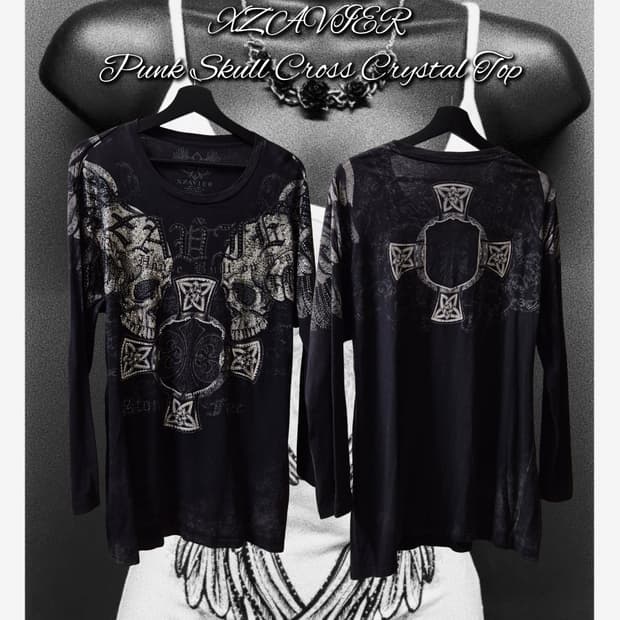 XZAVIER Punk Skull Cross Crystal Top