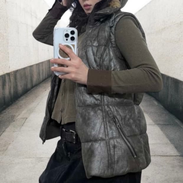 Y2K 후드 경량 조끼 패딩