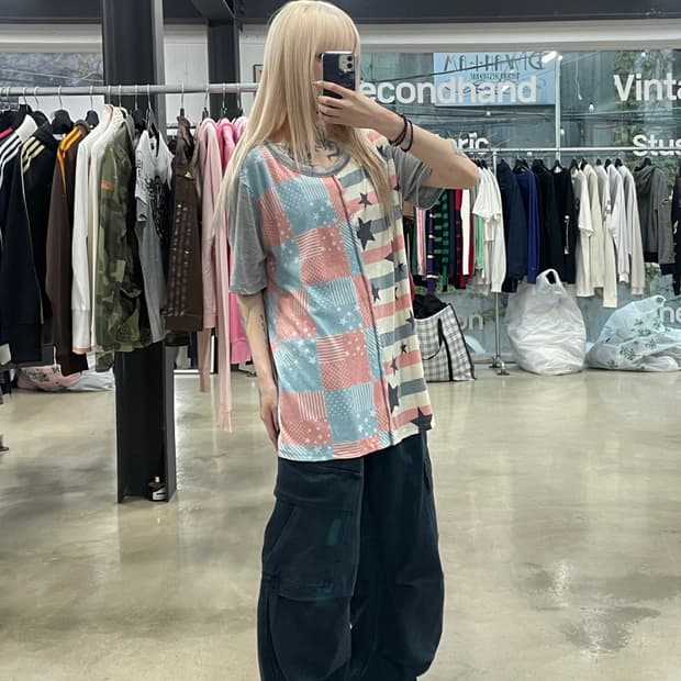 일본 vtg  모리걸 무드 별 패치 반팔 슬리브 티셔츠