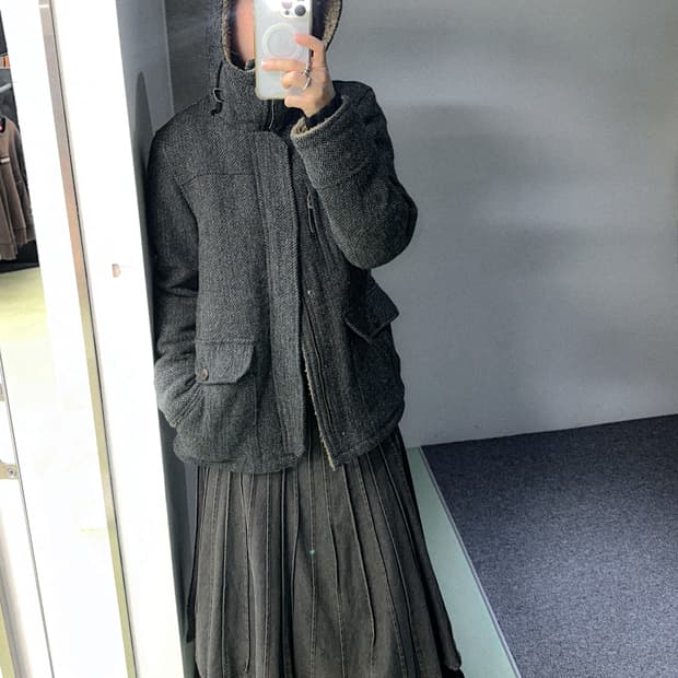 harris tweed wool zip hooded coat