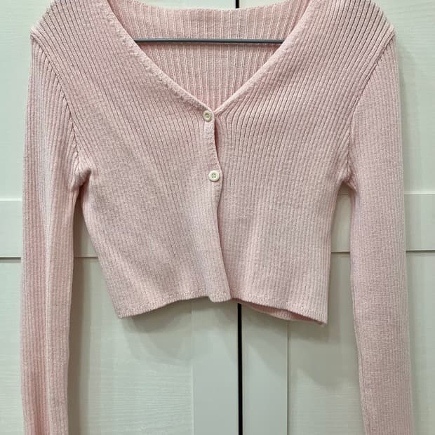 브이넥 골지 가디건 핑크