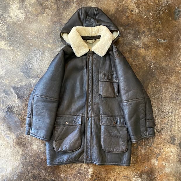 (L) 일본 가죽 무스탕 후드 코트 브라운