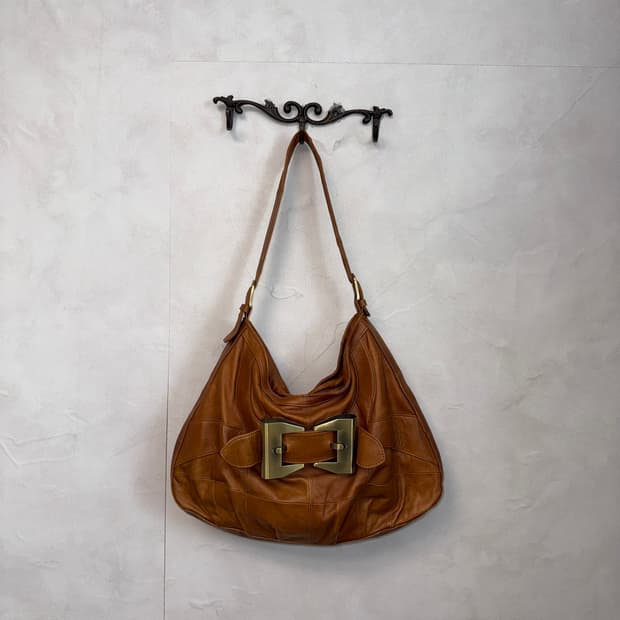 Camel brown ribbon buckle shoulder bag