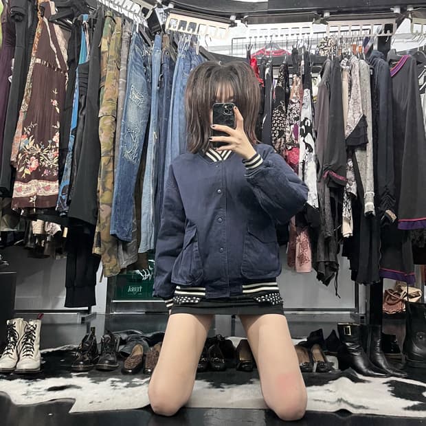 네이비 프린팅 바시티 자켓