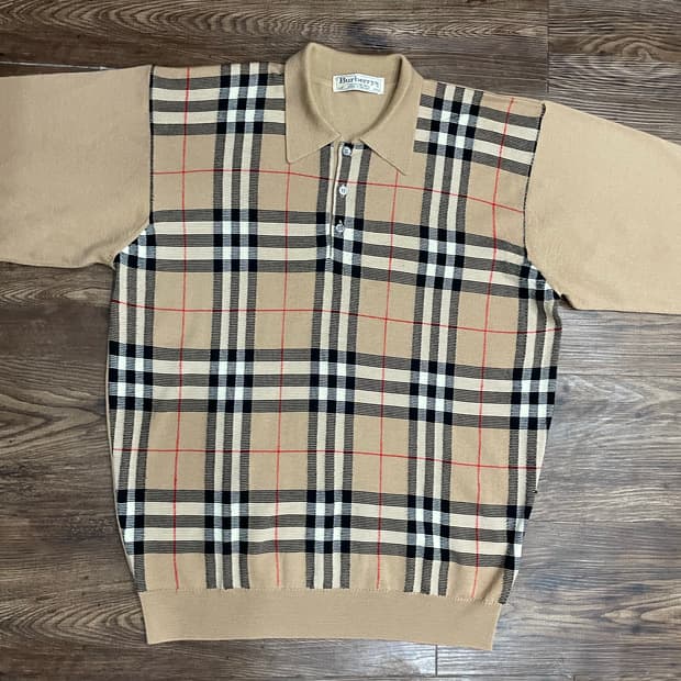 버버리 90s 노바체크 메리노울 카라넥 니트 베이지