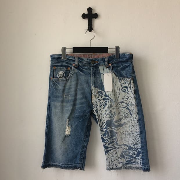 Oriental printing denim short