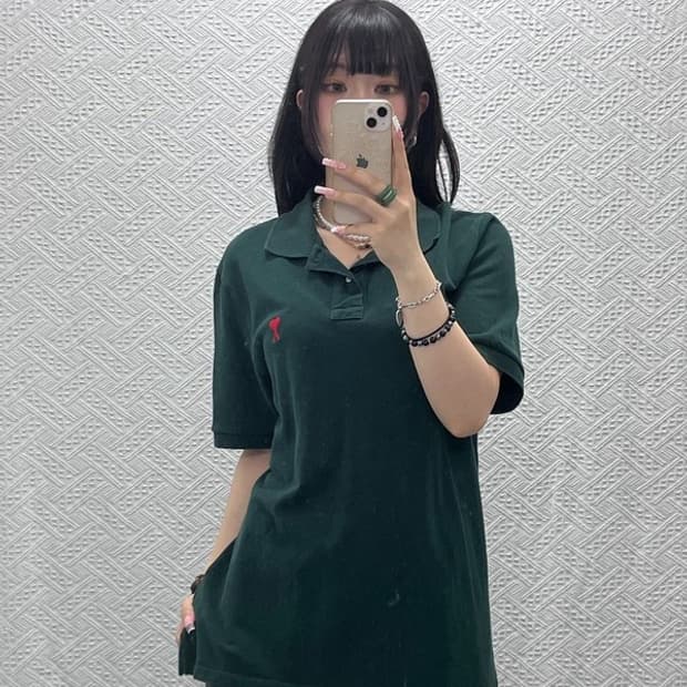 아미 캐주얼 하트로고패치 딥그린 카라 반팔티 95 C12114