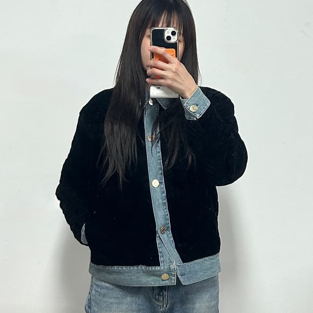 산드로 벨벳 퀼팅 데님 자켓