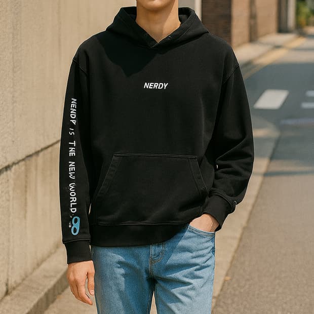 널디 NERDY 사이드로고 블랙 후드 티셔츠_S