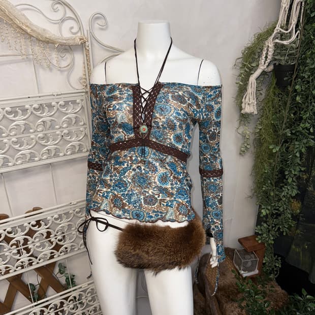 Blue oriental floral laceup 오프숄더 메쉬 bl
