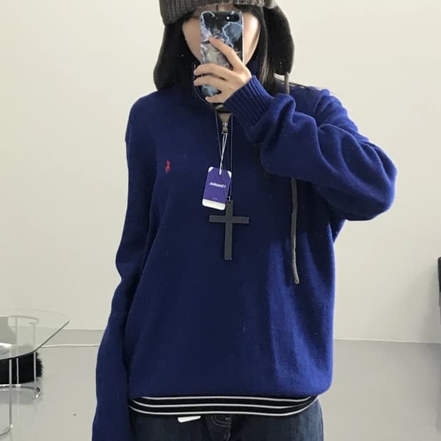 폴로랄프로렌 블루 반집업 니트