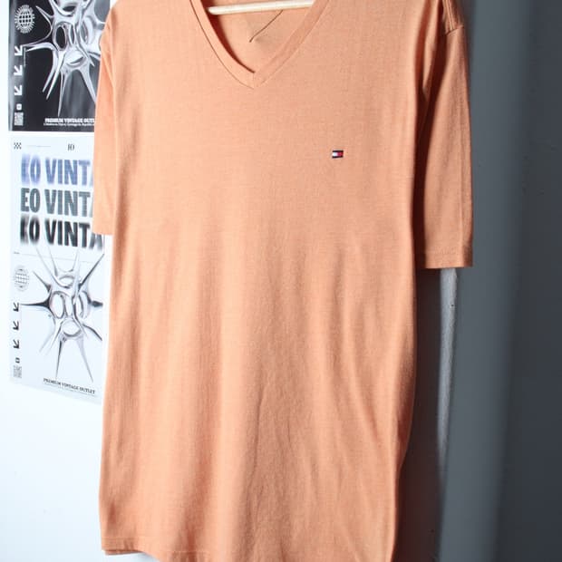(L-XL) 타미힐피거 반팔 티셔츠 브이넥 주황 기본-H30366