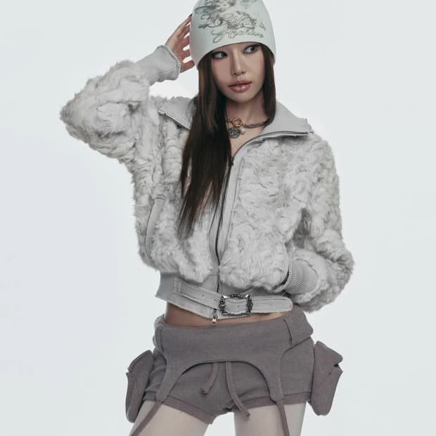 새상품) 길라아카이브 폭스 퍼 벨트 자켓 그레이