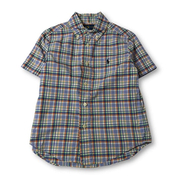 폴로랄프로렌 키즈 블루 오렌지 멀티 배색 체크 반팔 셔츠 4T