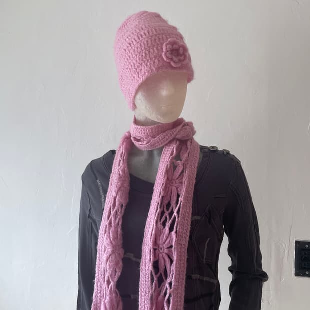 빈티지 크로쉐 비니+목도리