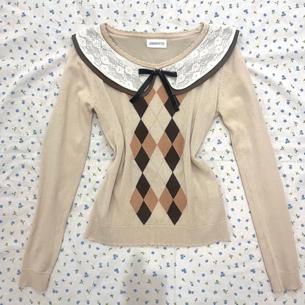 로디스포토 라떼갸루 히메갸루 아가일니트 리본 로걀탑 리즈리사 빈티지핀터